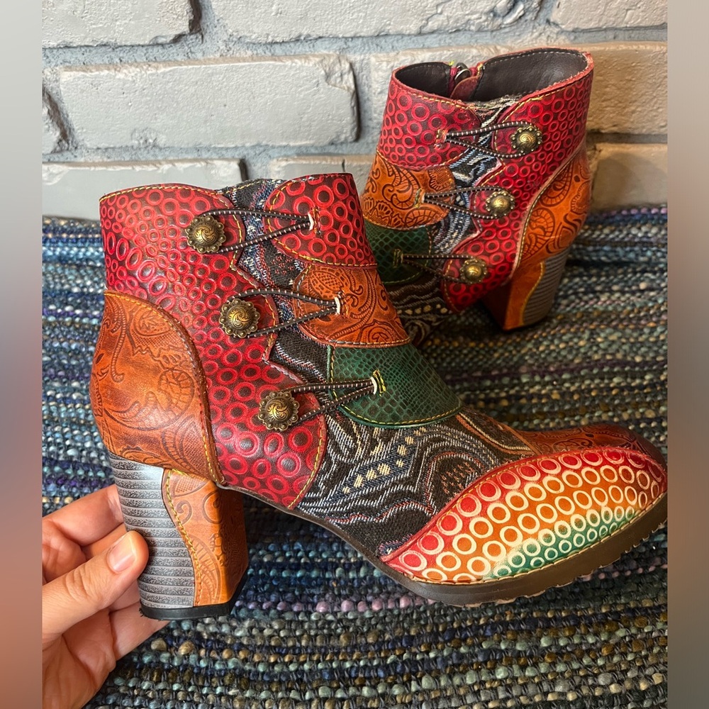 Women's Colorblock Patchwork Ankle Boots - Red Multi